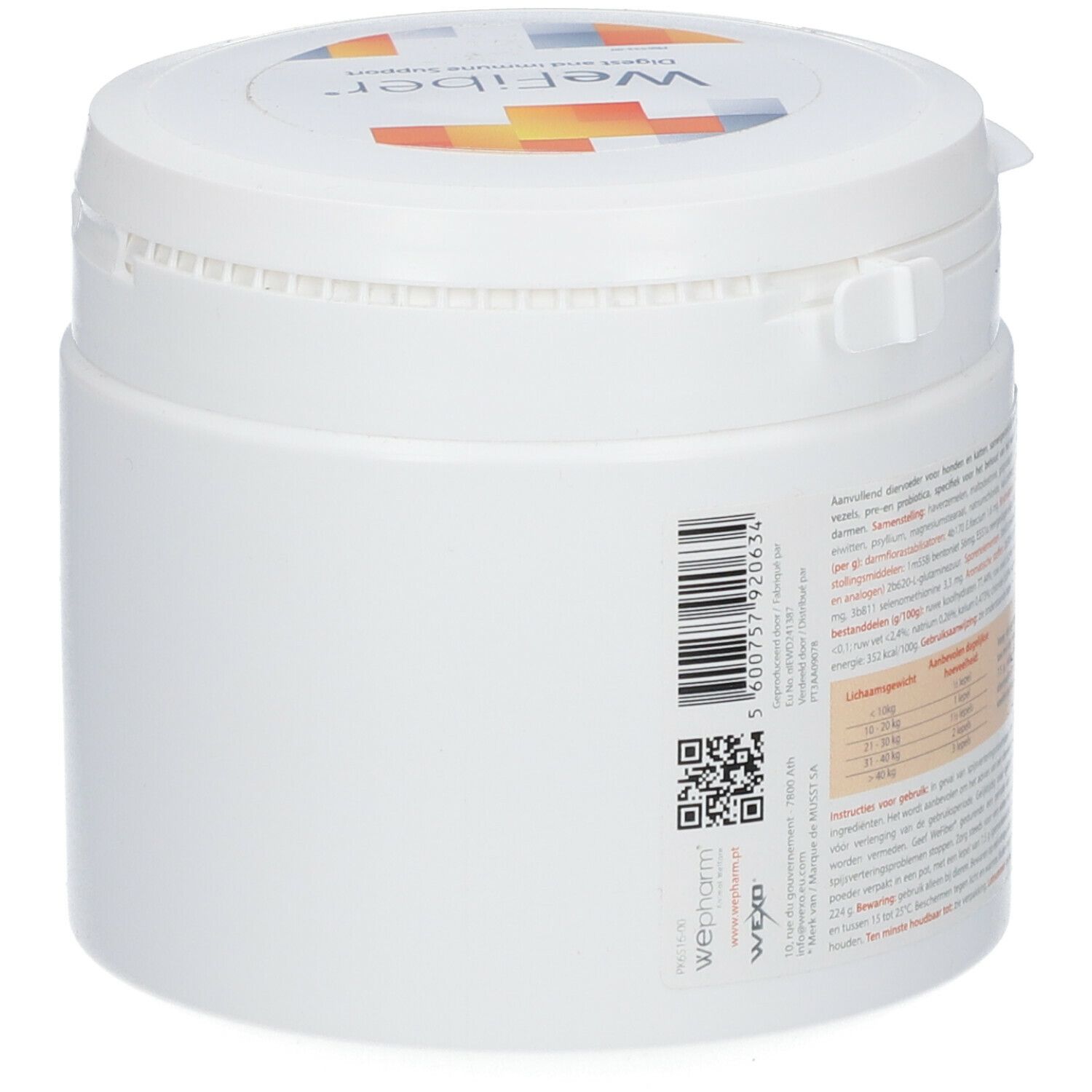 Witte pot met deksel. Opschrift: WeFiber. QR-code en logo.
