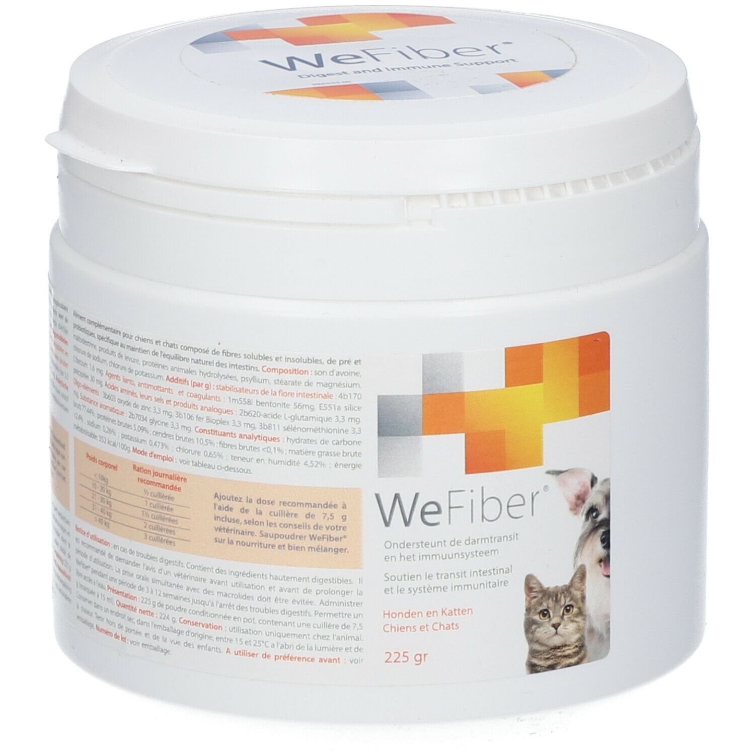 Witte pot met deksel. Opschrift: WeFiber. Sticker met hond en kat. 225 g.