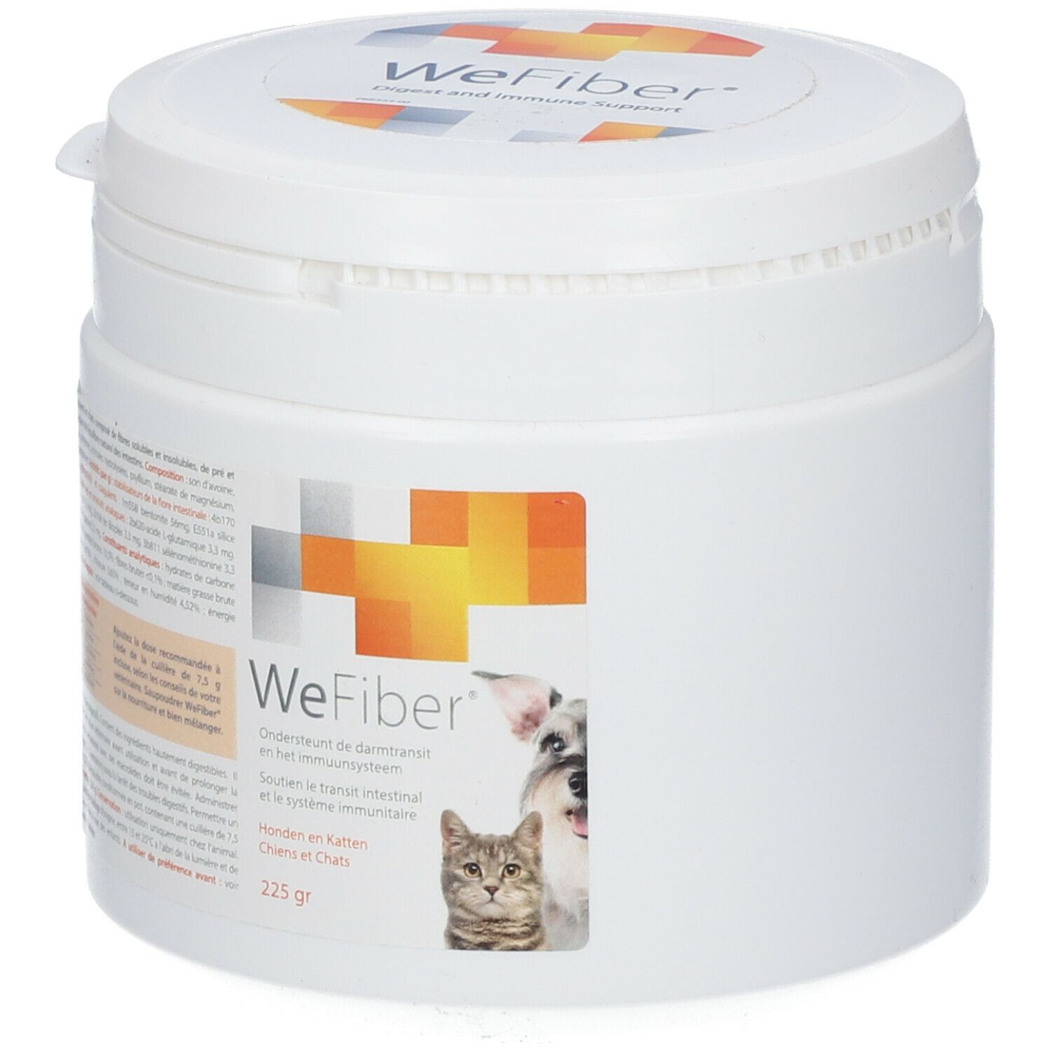 Witte pot met deksel. Opschrift: WeFiber. Sticker met hond en kat. 225 g.