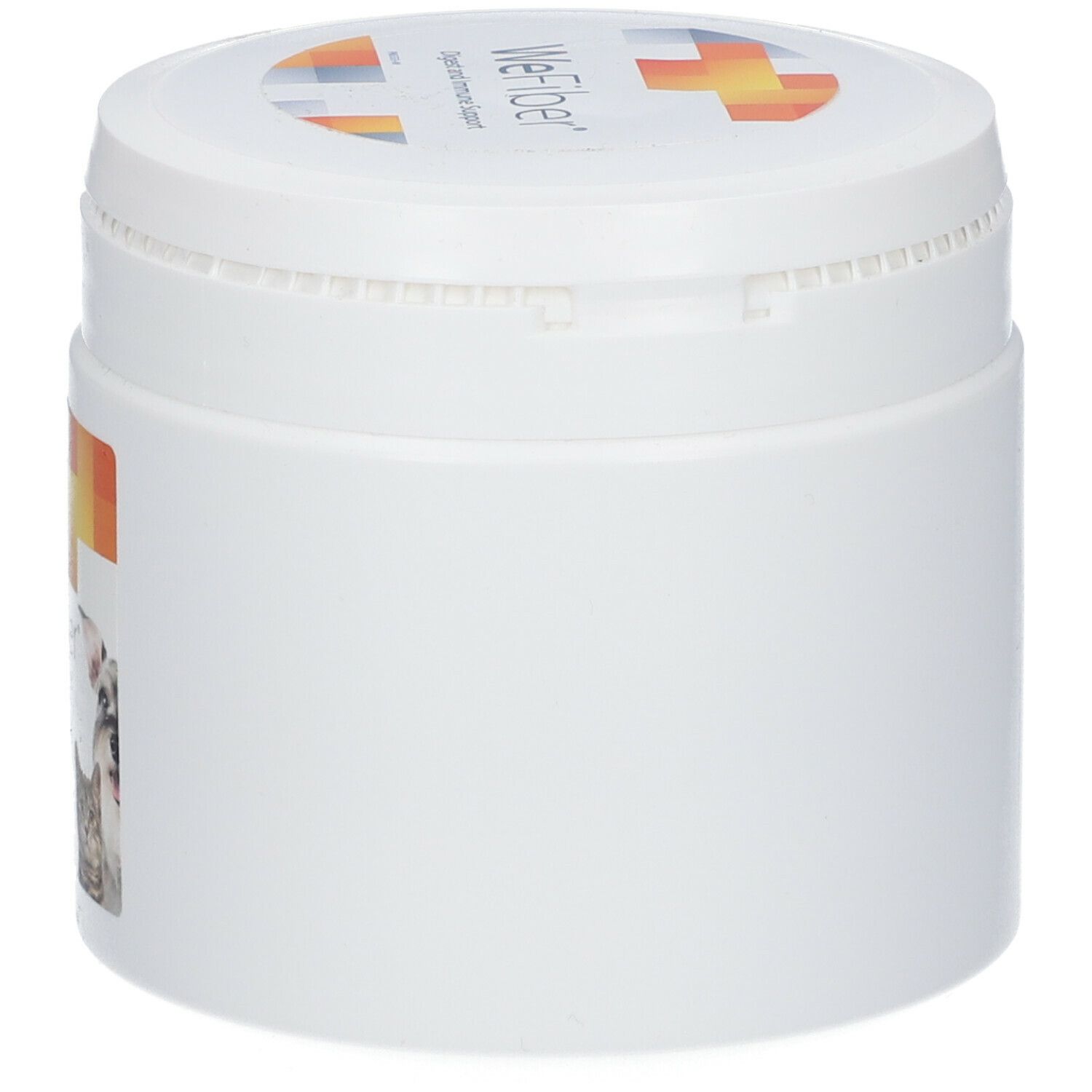 Witte pot met deksel. Opschrift: WeFiber. Sticker met hond en kat.