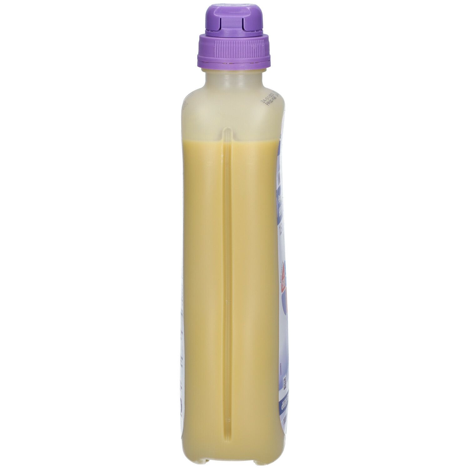 Vue latérale de la bouteille Nutrison Peptisorb Plus HEHP. Liquide jaune, bouchon violet.