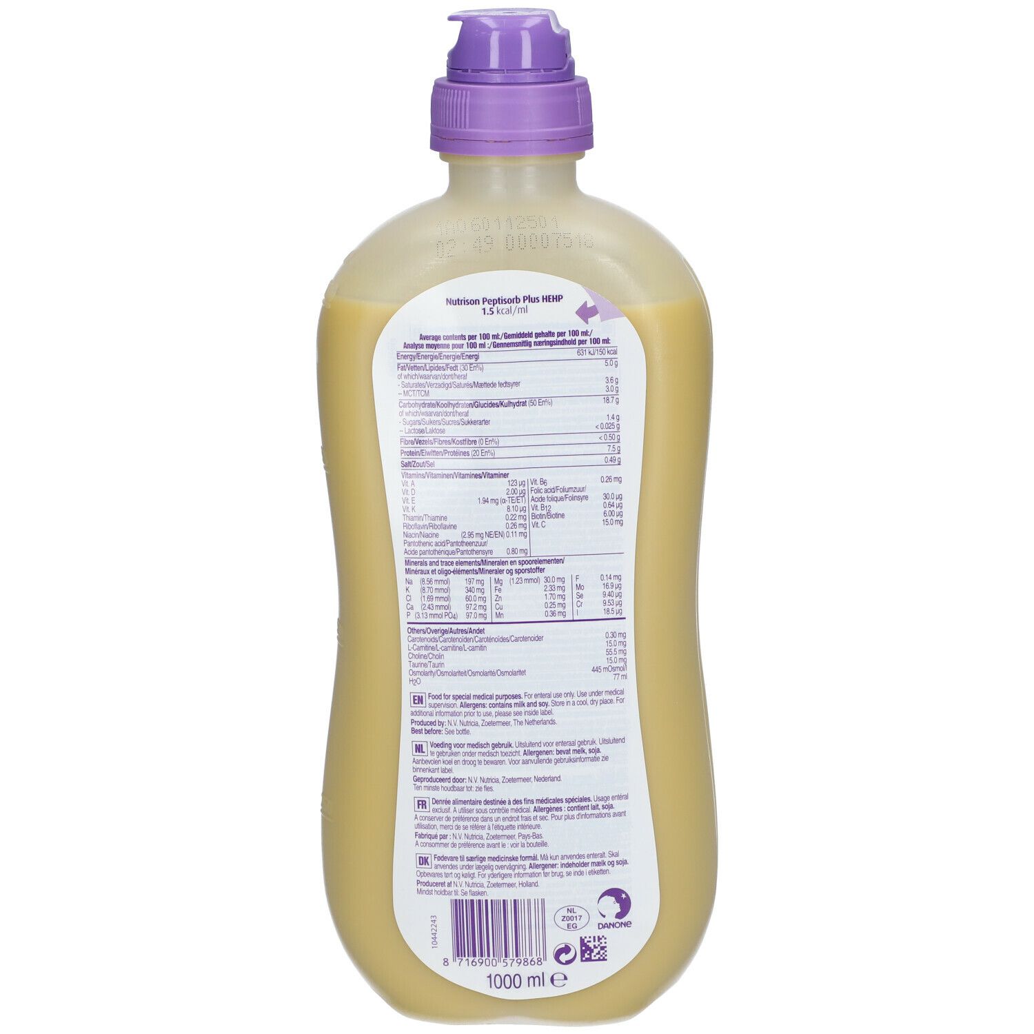 Dos de la bouteille Nutrison Peptisorb Plus HEHP. Informations nutritionnelles et autres.