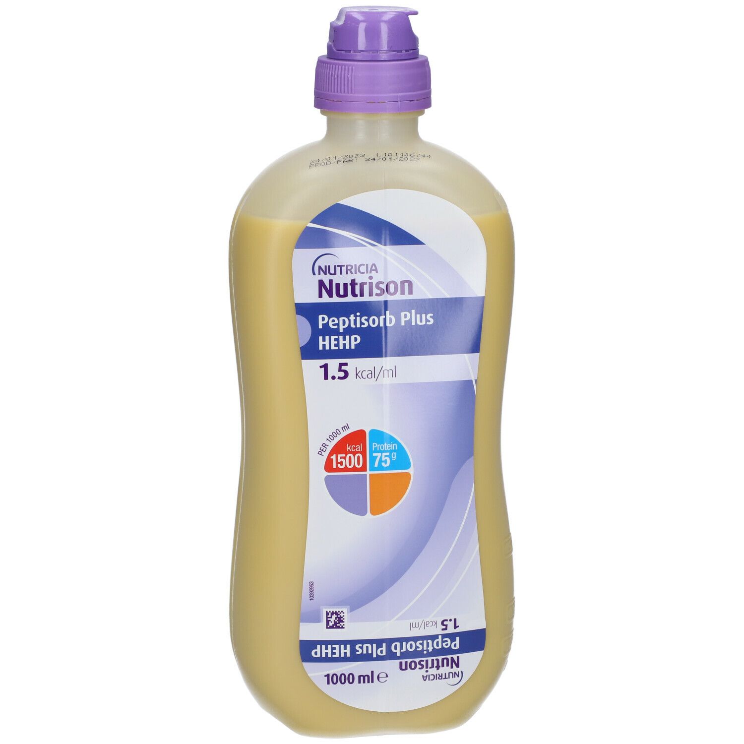Bouteille Nutrison Peptisorb Plus HEHP. Liquide jaune, bouchon violet. 1,5 kcal/ml. 1000 ml.