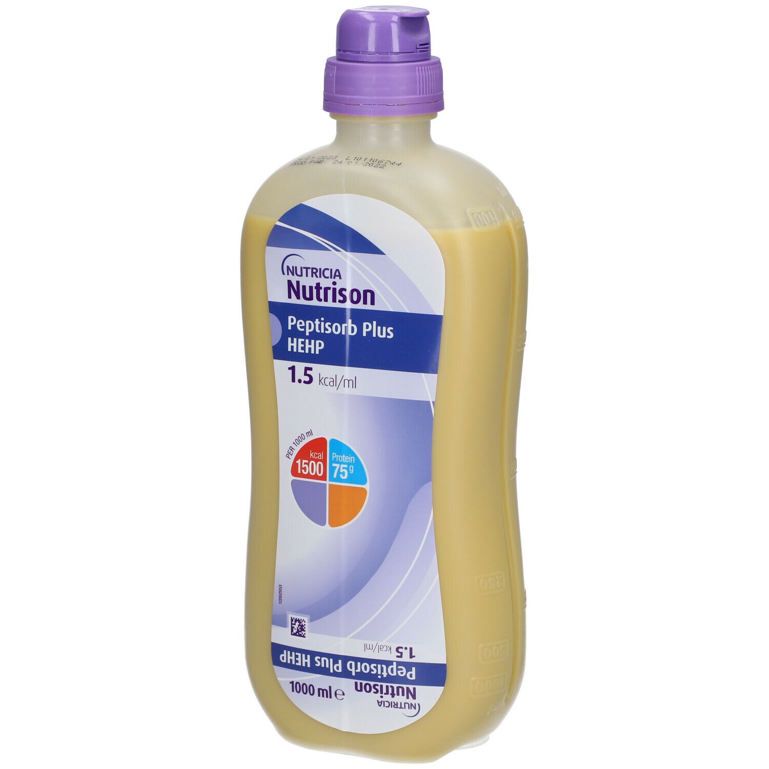 Bouteille Nutrison Peptisorb Plus HEHP. Liquide jaune, bouchon violet. 1,5 kcal/ml. 1000 ml.