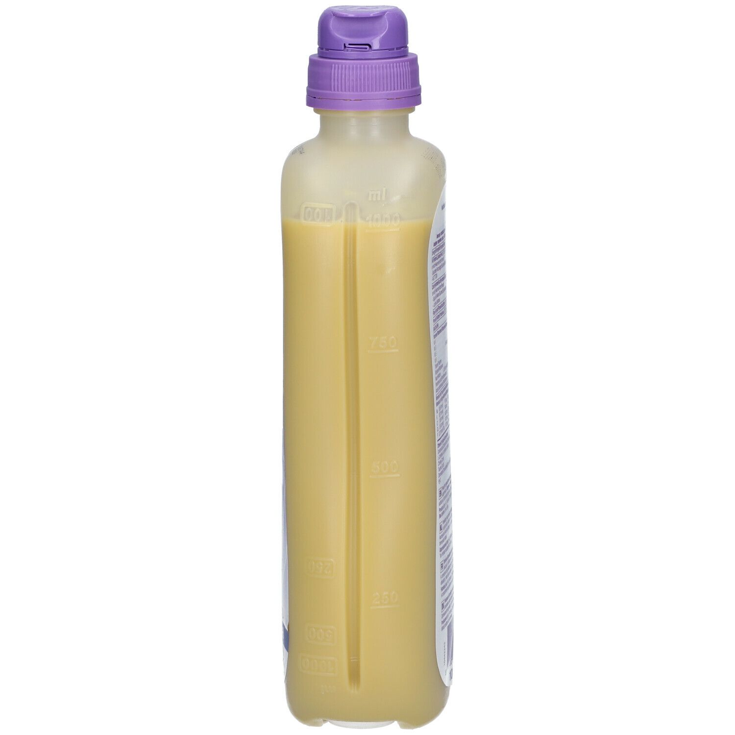 Vue latérale de la bouteille Nutrison Peptisorb Plus HEHP. Liquide jaune, bouchon violet.