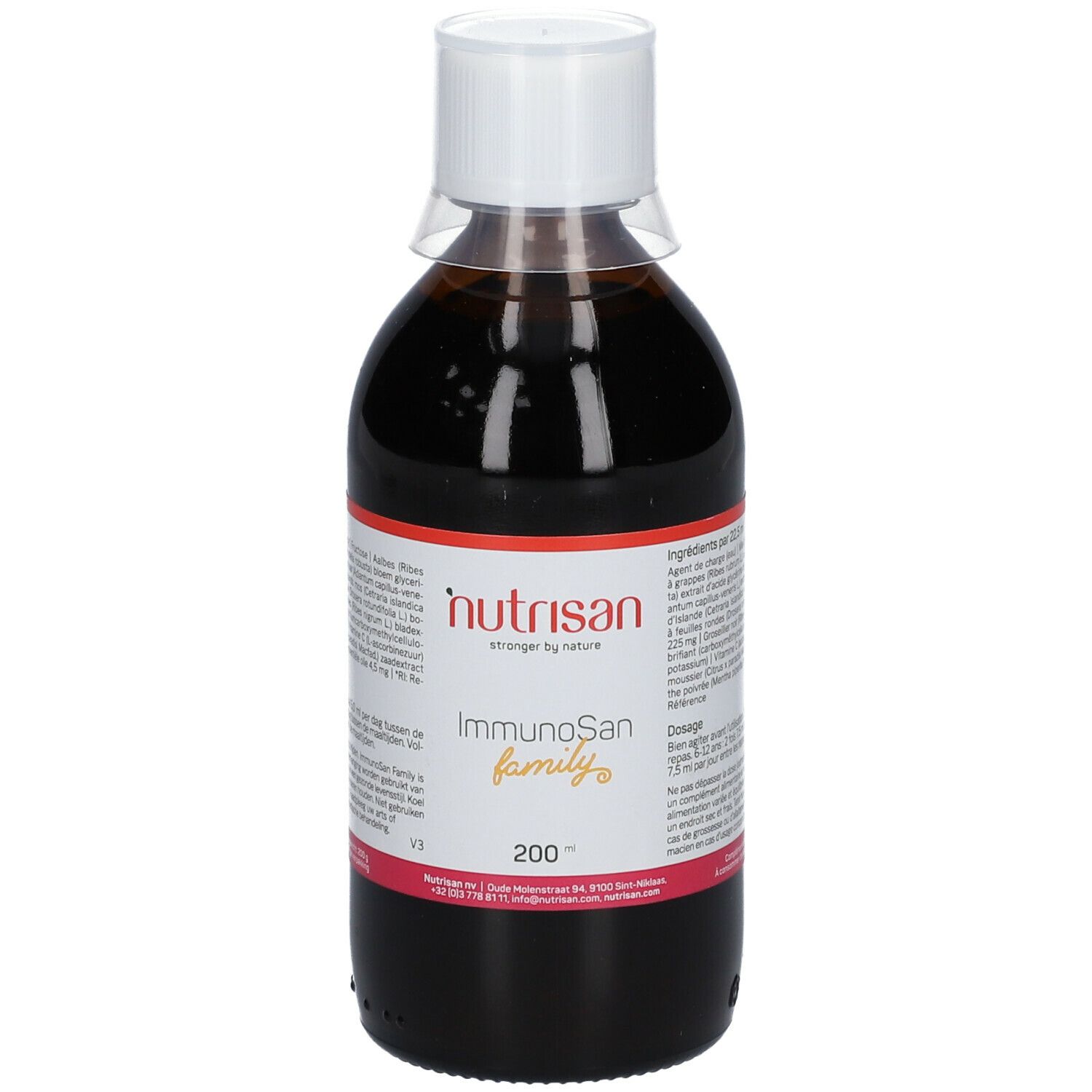 Liquide brun en bouteille avec bouchon blanc. Étiquette avec nom du produit et ingrédients. Marque : Nutrisan.