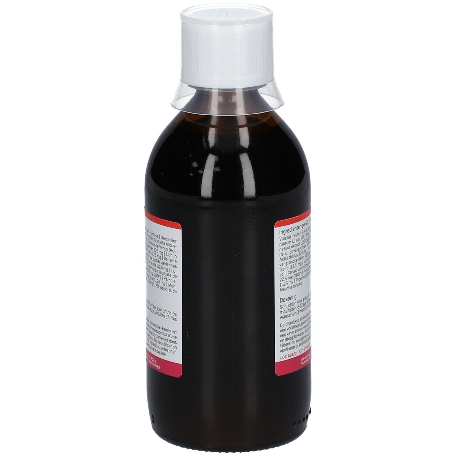 Bouteille de liquide brun, bouchon blanc. Étiquette avec ingrédients et dosage. Marque : Nutrisan.