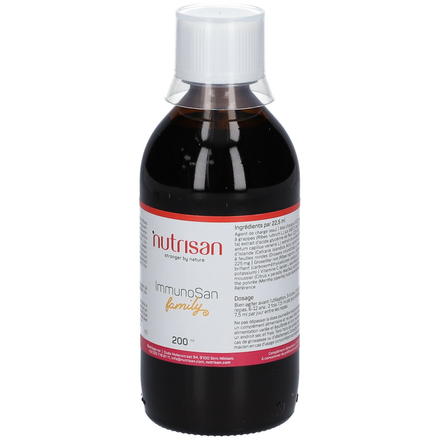 Liquide brun en bouteille avec bouchon blanc. Étiquette avec nom du produit et ingrédients. Marque : Nutrisan.