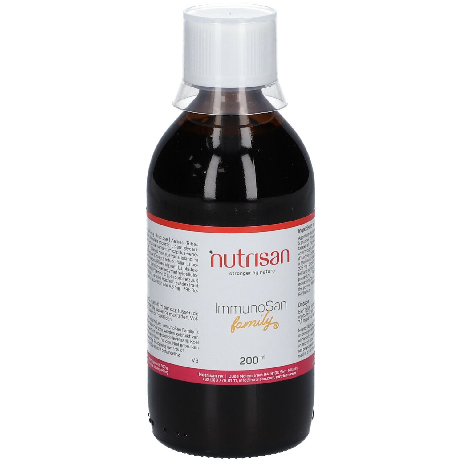 Liquide brun en bouteille avec bouchon blanc. Étiquette avec nom du produit et ingrédients. Marque : Nutrisan.