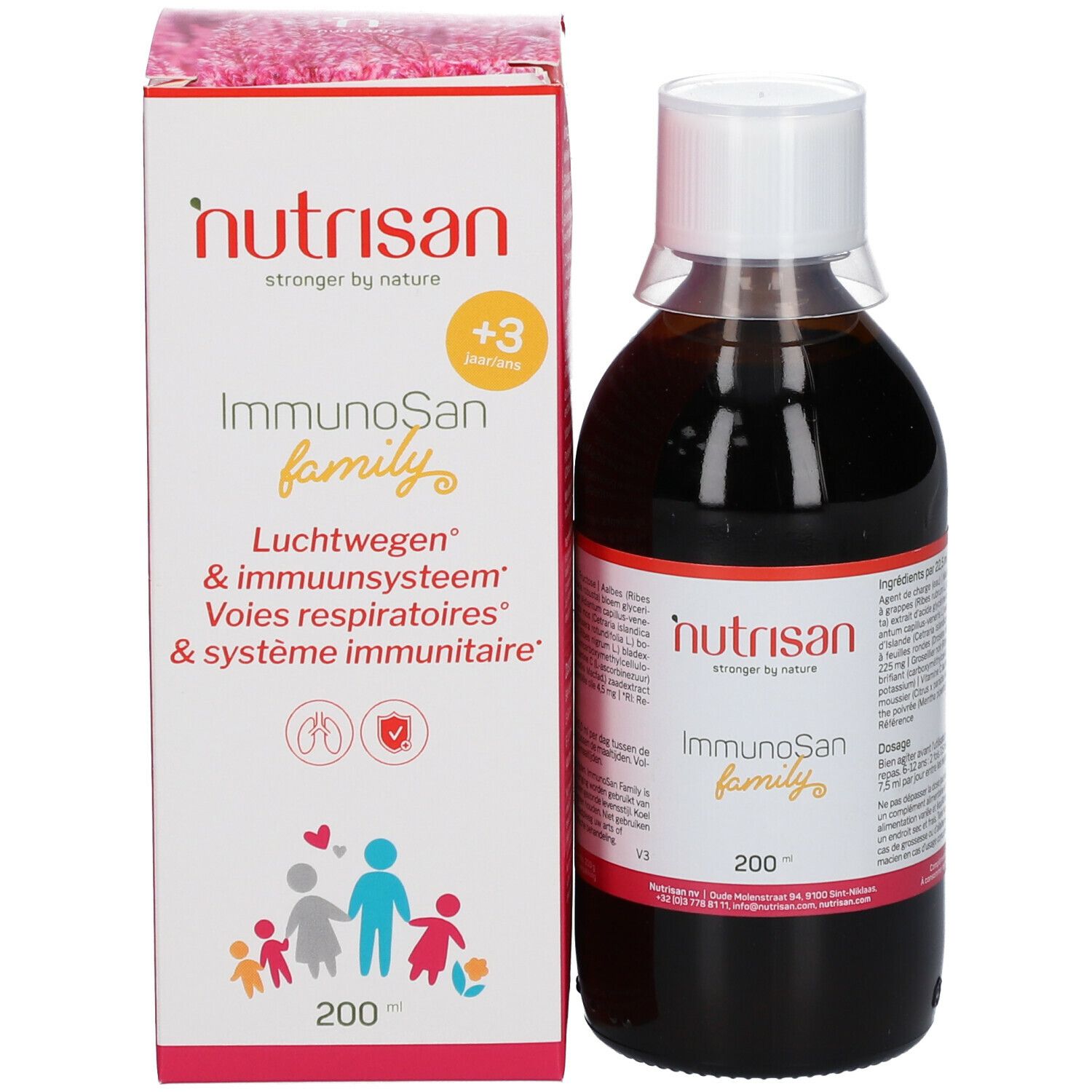 Bouteille et emballage. Bouteille de liquide brun, bouchon blanc. Emballage avec nom du produit et illustrations. Marque : Nutrisan.