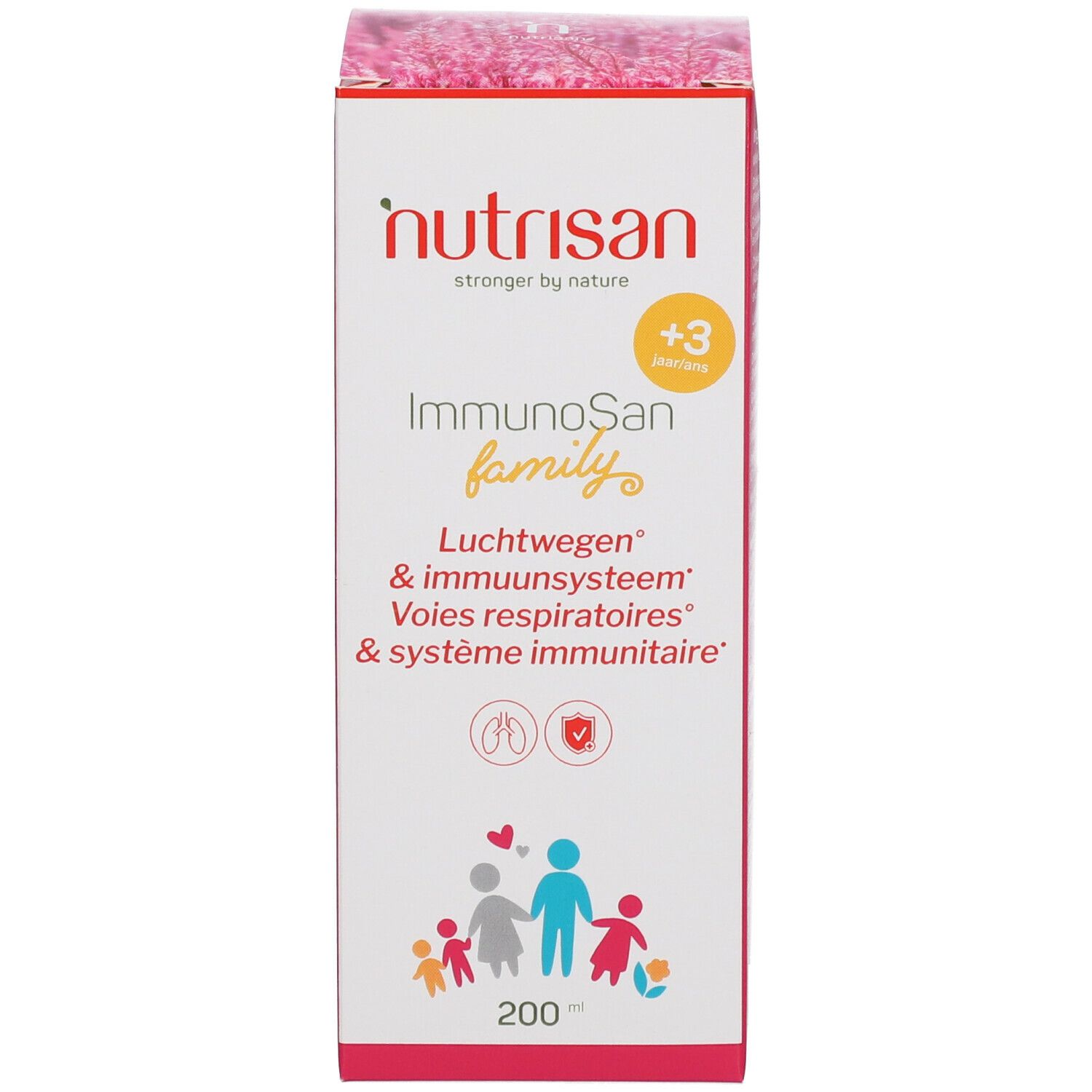 Emballage avec nom du produit et illustrations. Marque : Nutrisan. Emballage rose et blanc. Nom du produit : ImmunoSan family.