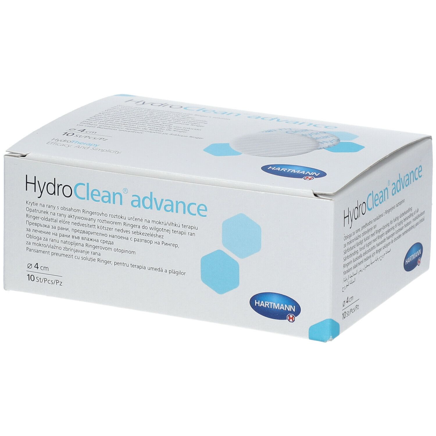 Boîte de HydroClean advance, 4 cm. Marque Hartmann. Contient 10 pièces. Graphique hexagonal bleu.