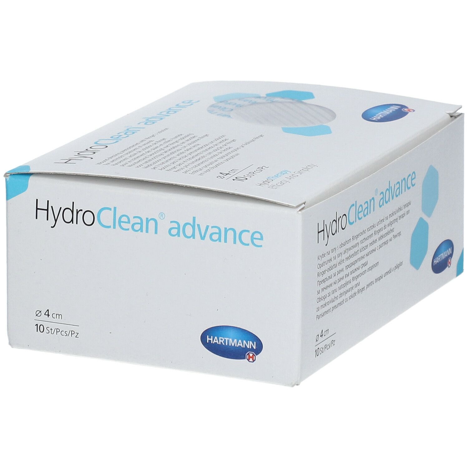 Boîte de HydroClean advance, 4 cm. Logo Hartmann. 10 pièces. Graphique hexagonal bleu.