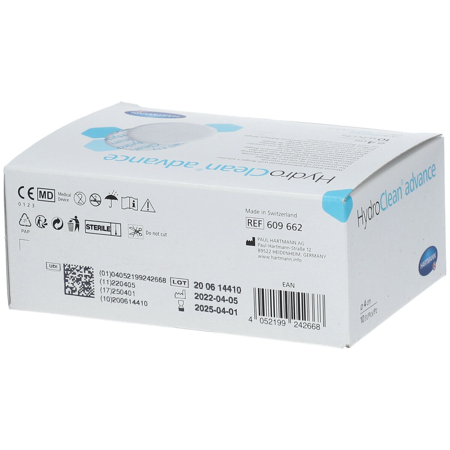 Dos de la boîte HydroClean advance. Informations fabricant, numéro de lot, date de péremption et marquage CE.