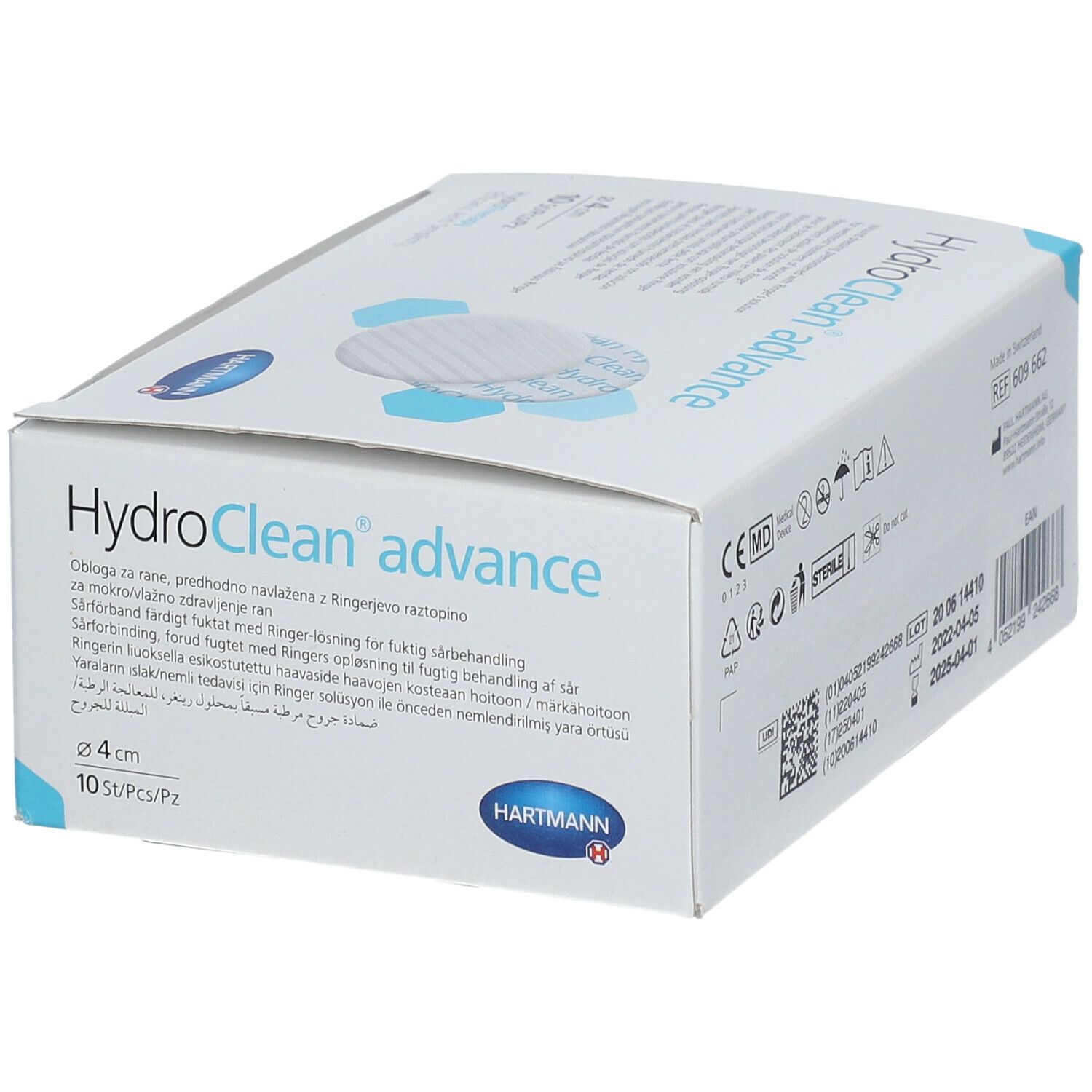 Boîte de HydroClean advance, 4 cm. Logo Hartmann. 10 pièces. Texte multilingue.