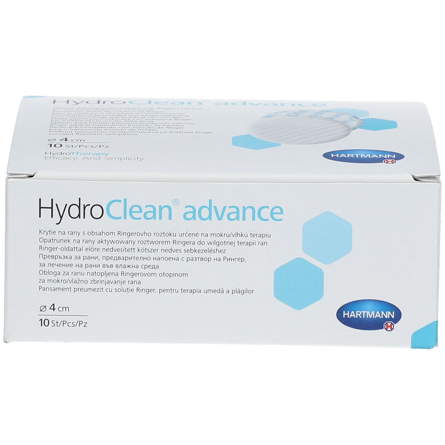 Boîte de HydroClean advance, 4 cm. Logo Hartmann. 10 pièces. Texte multilingue.