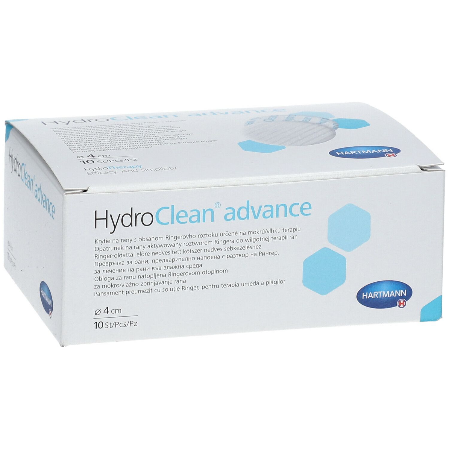 Boîte de HydroClean advance, 4 cm. Logo Hartmann. 10 pièces. Texte multilingue.