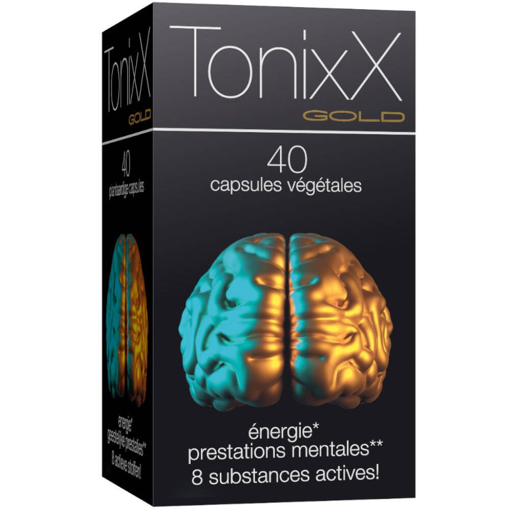 Zwarte doos Tonixx Gold. Bevat 40 plantaardige capsules. Afbeelding van een hersenen. Tekst: energie, mentale prestaties, 8 actieve stoffen.
