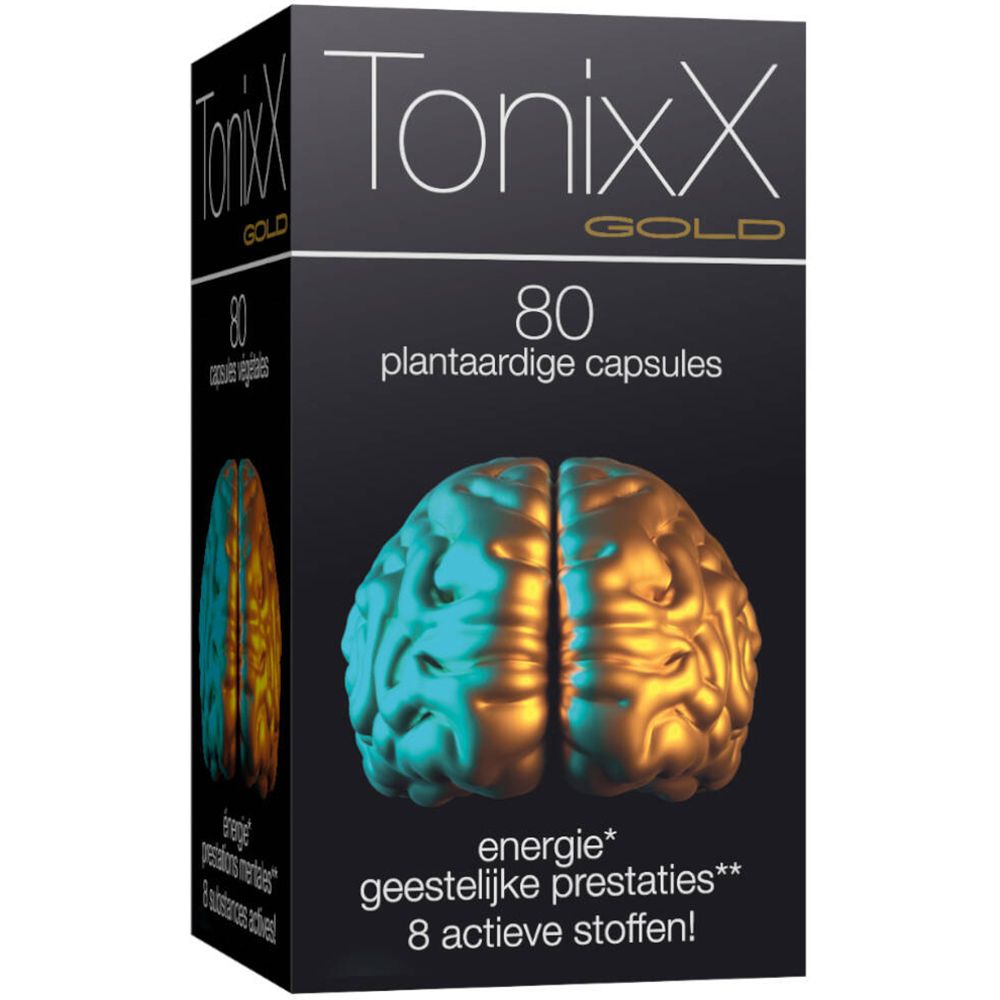 Zwarte doos Tonixx Gold, 80 plantaardige capsules. Afbeelding van een goud en blauw brein. Nederlandstalige tekst.