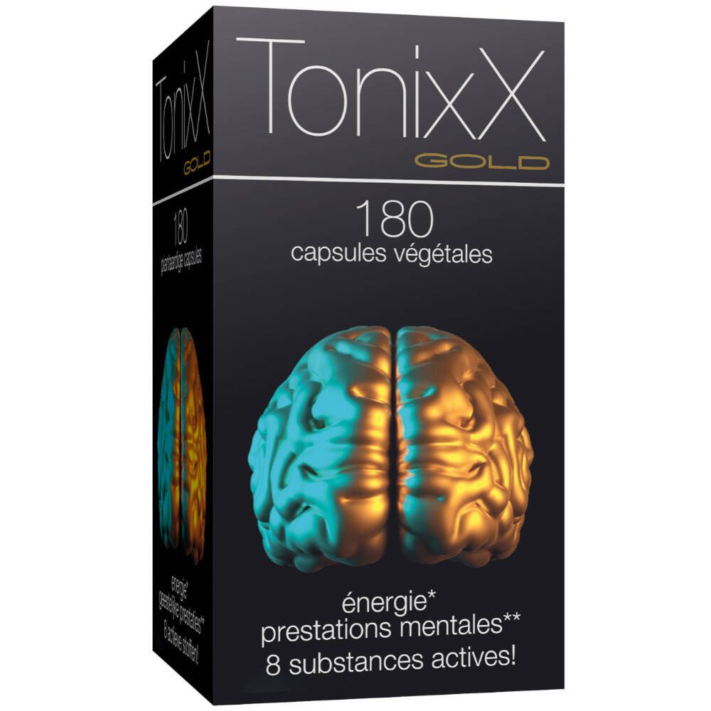 Zwarte doos Tonixx Gold, 180 plantaardige capsules. Afbeelding van een hersen. Tekst: energie, mentale prestaties, 8 actieve stoffen.