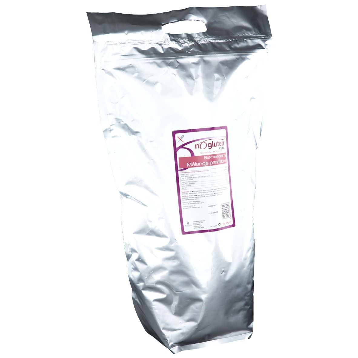 Emballage argenté avec poignée. Étiquette avec informations sur le produit et logo. Texte : Nogluten, Mélange de cuisson Extra.