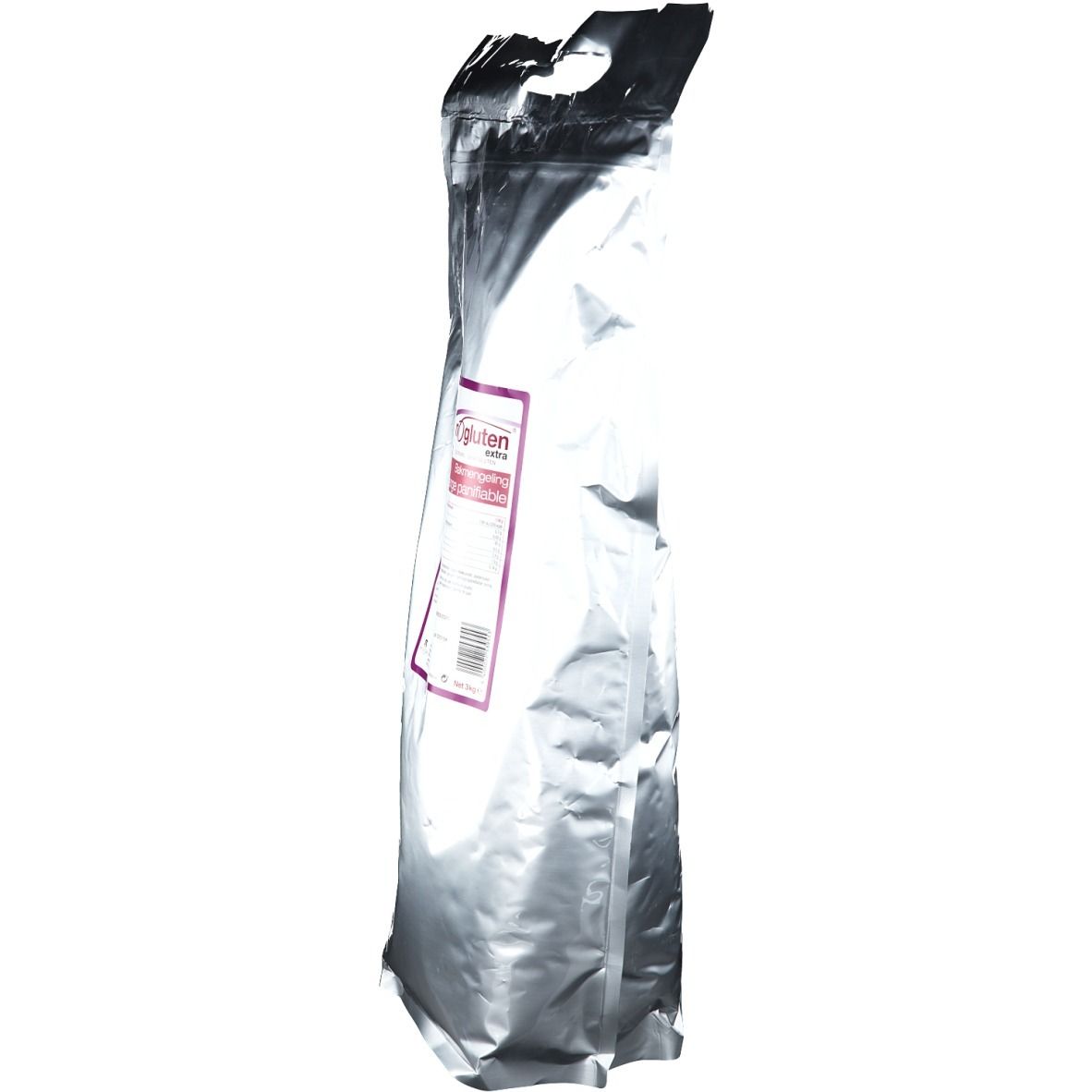 Emballage argenté mince avec poignée. Étiquette avec informations sur le produit. Texte : Nogluten, Mélange de cuisson Extra.