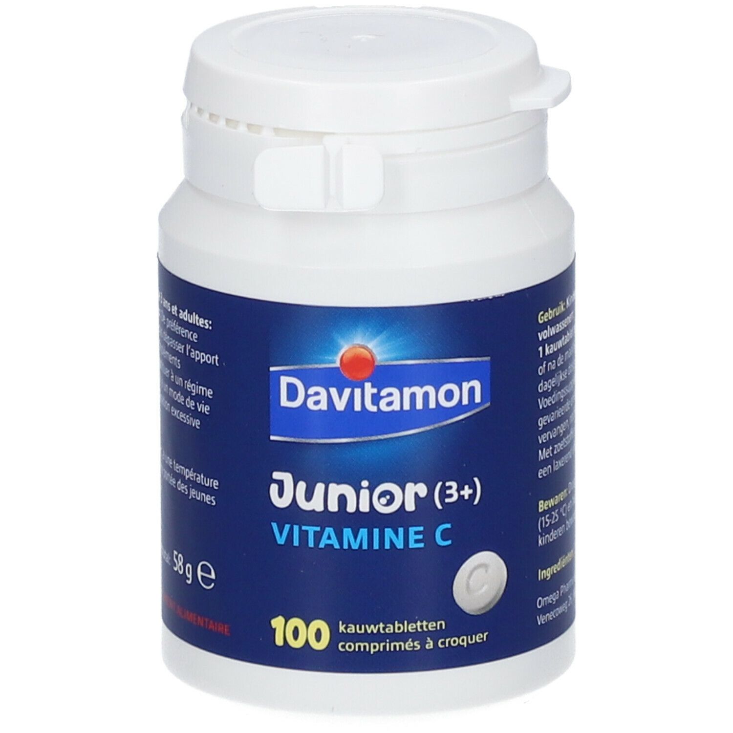Witte fles Davitamon Junior Vitamine C. 100 kauwtabletten. Blauw etiket met productinfo.