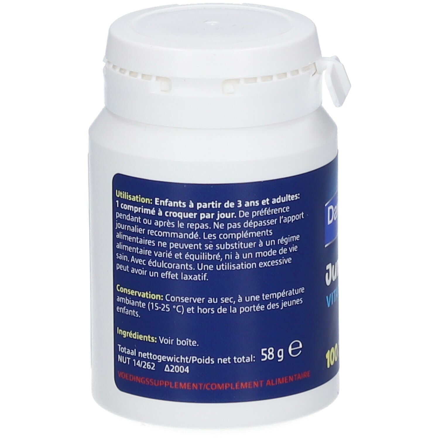 Achterkant witte fles Davitamon Junior Vitamine C. Blauw etiket met tekst. Bevat gebruiksinformatie.