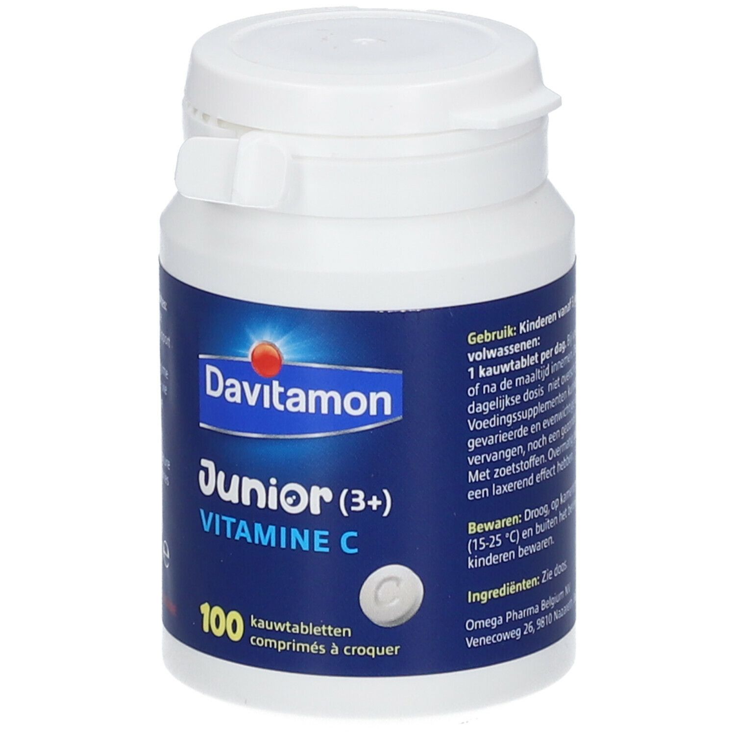 Witte fles Davitamon Junior Vitamine C. 100 kauwtabletten. Blauw etiket met productinfo.