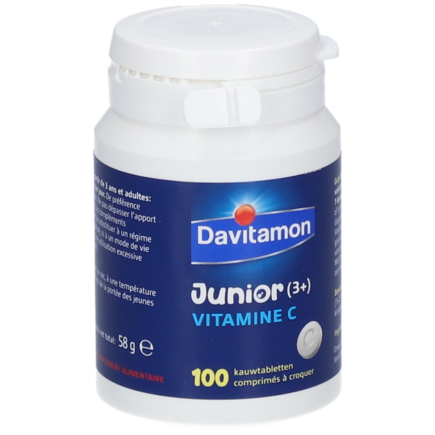 Witte fles Davitamon Junior Vitamine C. 100 kauwtabletten. Blauw etiket met productinfo.