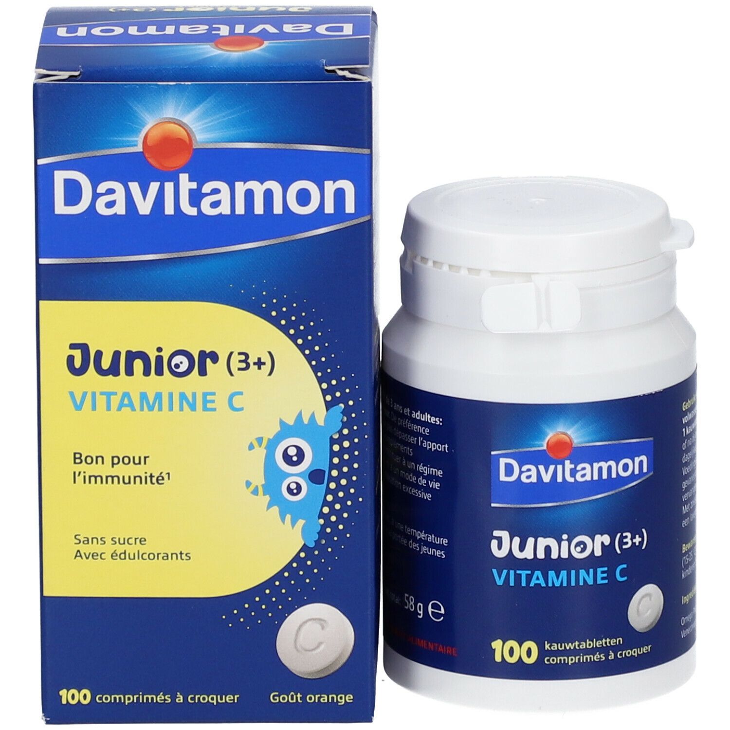 Davitamon Junior Vitamine C, fles en doos. 100 kauwtabletten. Blauwe verpakking met productinfo.