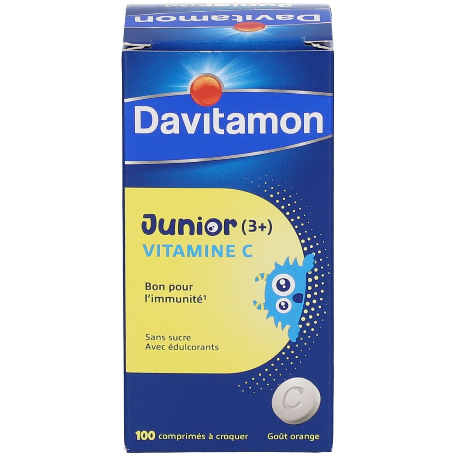 Davitamon Junior Vitamine C, blauwe doos. 100 kauwtabletten. Productinfo en illustratie.