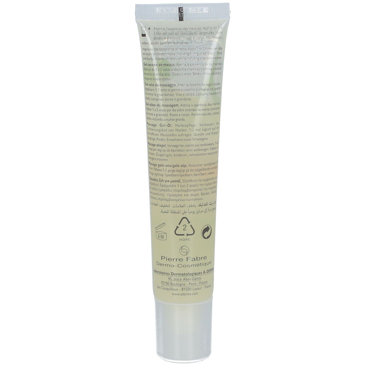 Achterkant van de A-DERMA EPITHELIALE A.H Massage Gel-olie tube. Meertalige tekst. Fabrikantinformatie en symbolen.