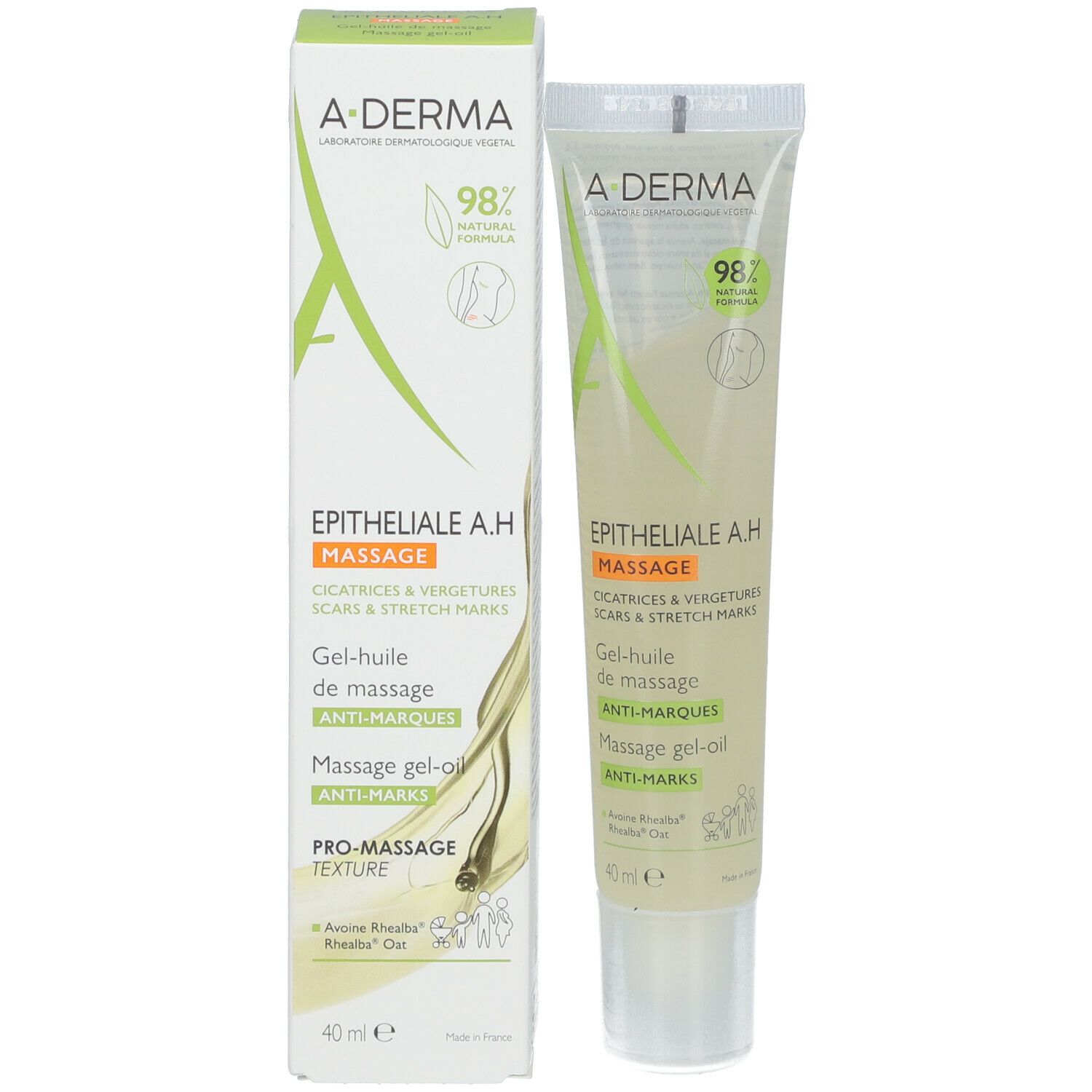 A-DERMA EPITHELIALE A.H Massage Gel-olie tube en verpakking. Opschrift: Epitheliale A.H, Massage, littekens & striae. 40 ml.