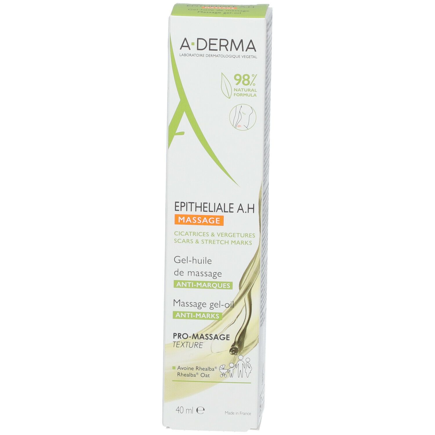 A-DERMA EPITHELIALE A.H Massage Gel-olie verpakking. Opschrift: Epitheliale A.H, Massage, littekens & striae. 40 ml.