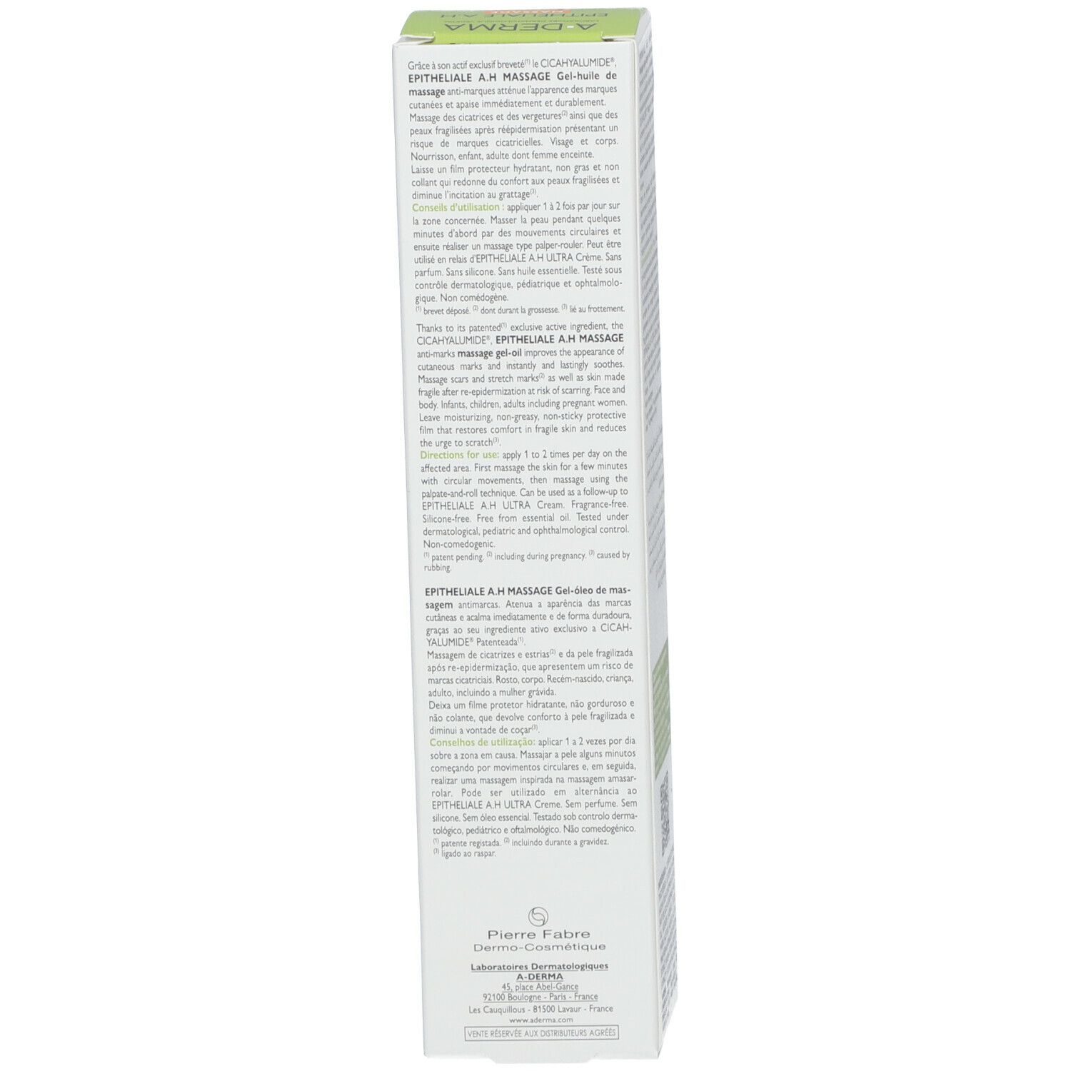 A-DERMA EPITHELIALE A.H Massage Gel-olie verpakking. Meertalige tekst. Gebruiksaanwijzing en fabrikantinformatie.