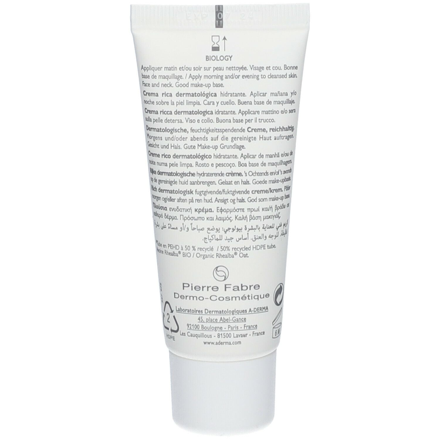 Achterkant van de A-Derma Biology crème tube. Meertalige tekst. Fabrikantinformatie en recyclinginstructies.