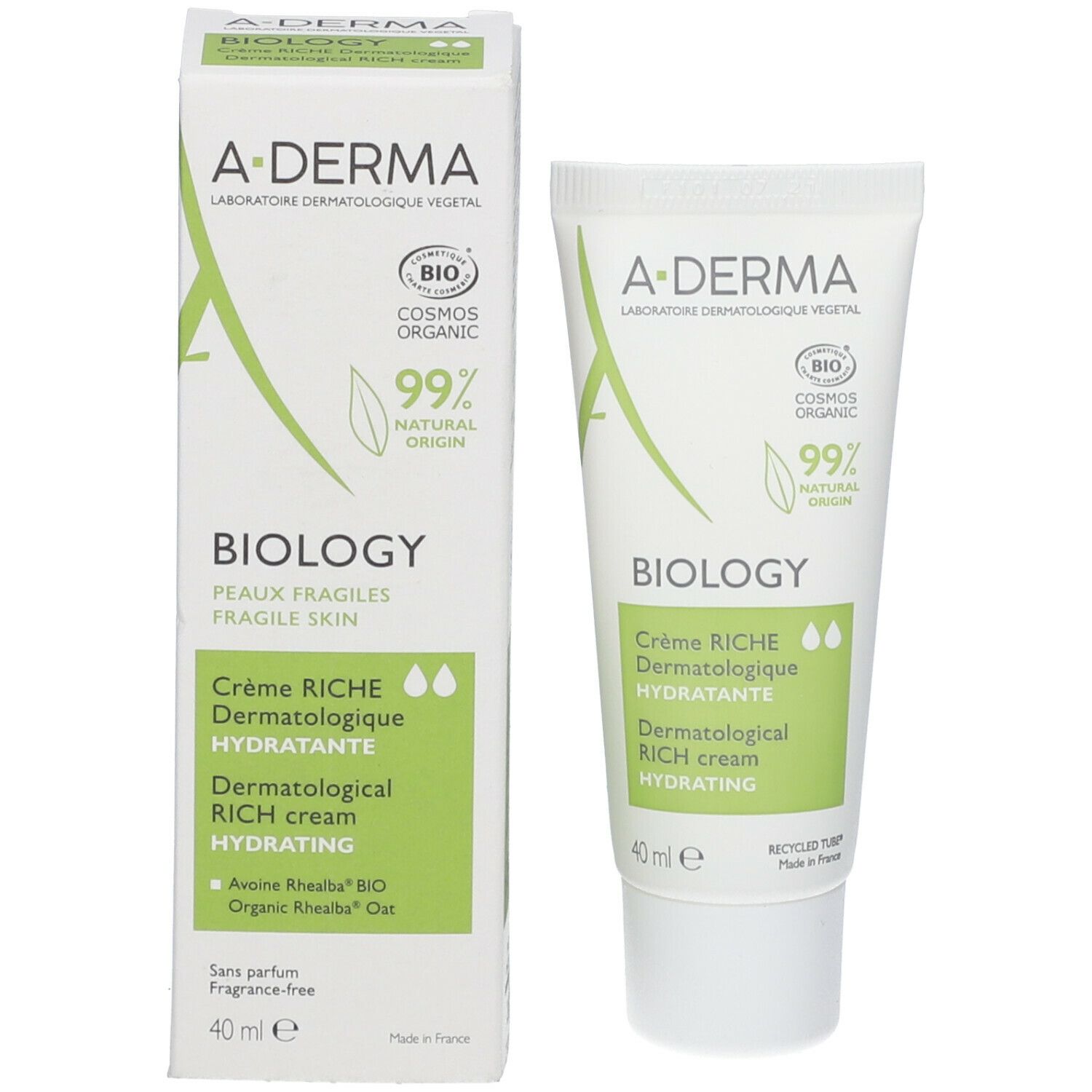 A-Derma Biology crème en verpakking. Wit met groene accenten. Tekst: Biology, Crème Riche, Dermatologique Hydratante, 99% natuurlijke oorsprong.