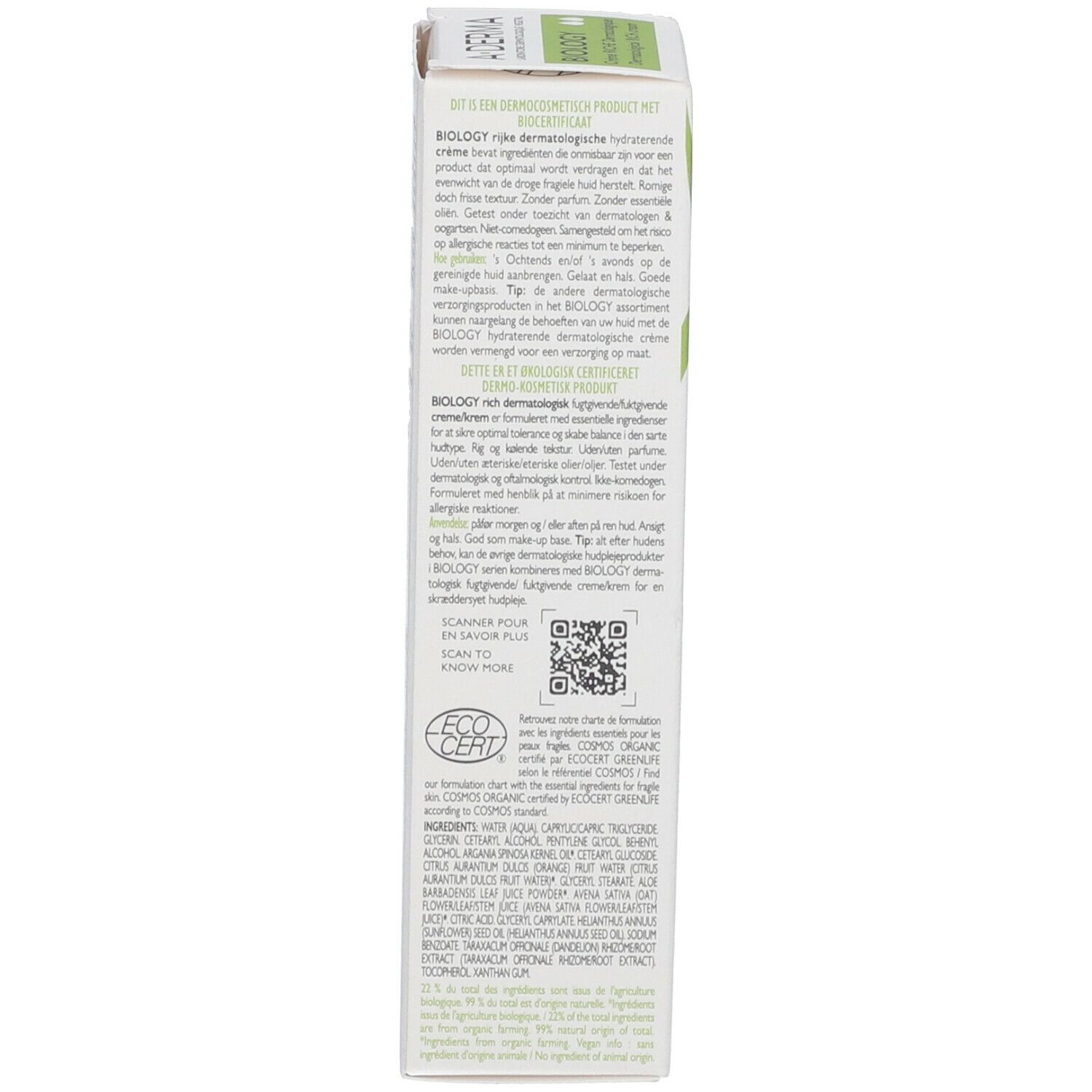 A-Derma Biology crème verpakking. Zijkant met tekst en QR-code. Certificeringen en ingrediënten.