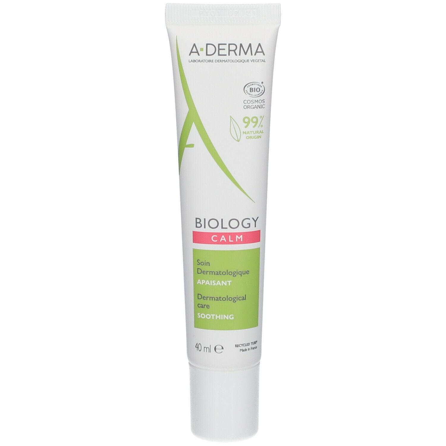 A-DERMA BIOLOGY tube. Wit, groen en roze. Tekst: BIOLOGY CALM, 99% natuurlijk, 40 ml. Verzachtende dermatologische verzorging.