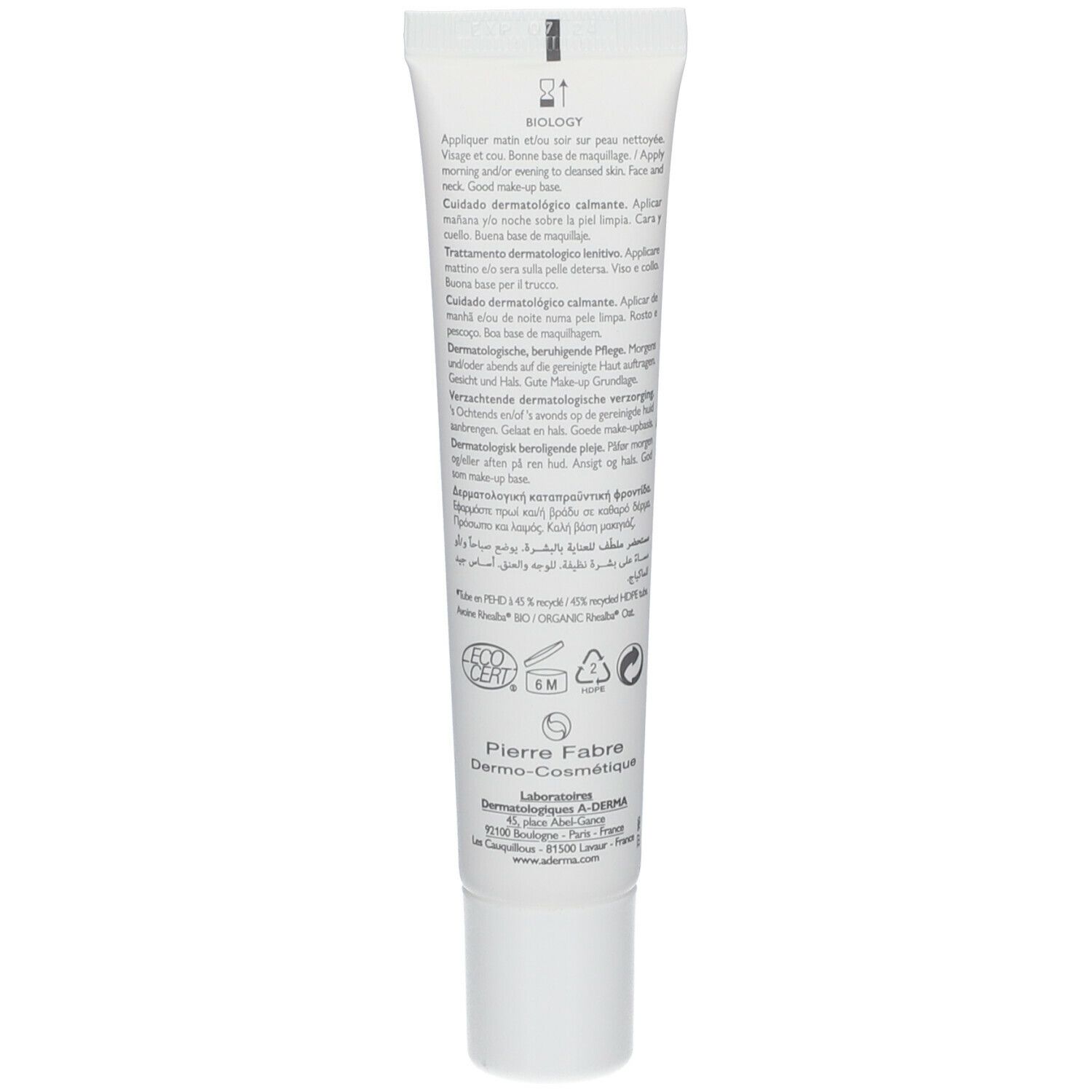 Achterkant van de A-DERMA BIOLOGY tube. Meertalige tekst. Logo's: COSMOS ORGANIC, CO2-certificering, Pierre Fabre.