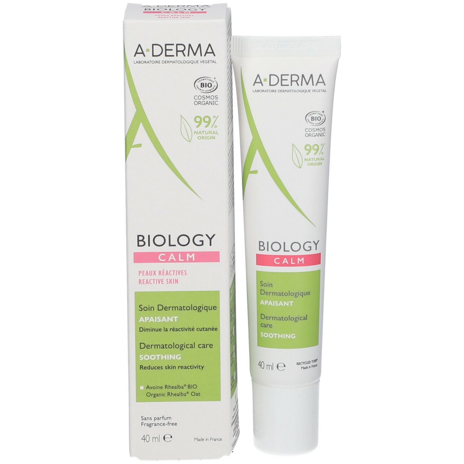A-DERMA BIOLOGY, tube en doos. Wit, groen en roze. Tekst: BIOLOGY CALM, 40 ml. Verzachtende dermatologische verzorging.