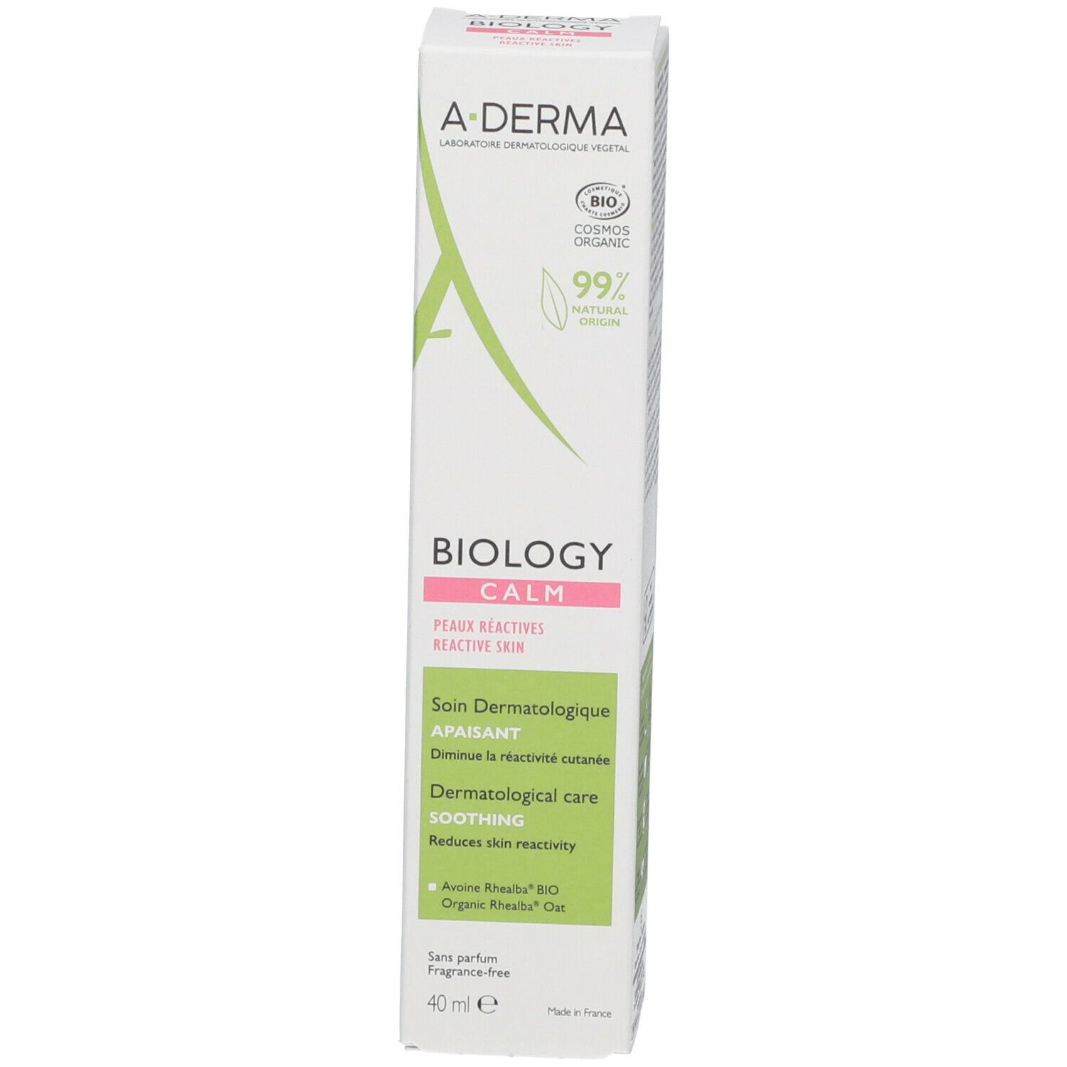 A-DERMA BIOLOGY doos. Wit, groen en roze. Tekst: BIOLOGY CALM, reactieve huid, 40 ml. Logo's: COSMOS ORGANIC.