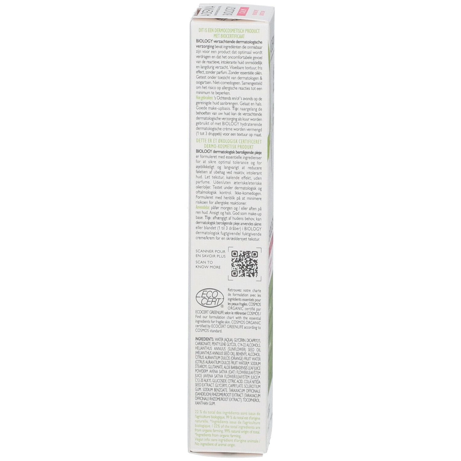 Achterkant van de A-DERMA BIOLOGY doos. Meertalige tekst. Logo's: COSMOS ORGANIC, CO2-certificering.
