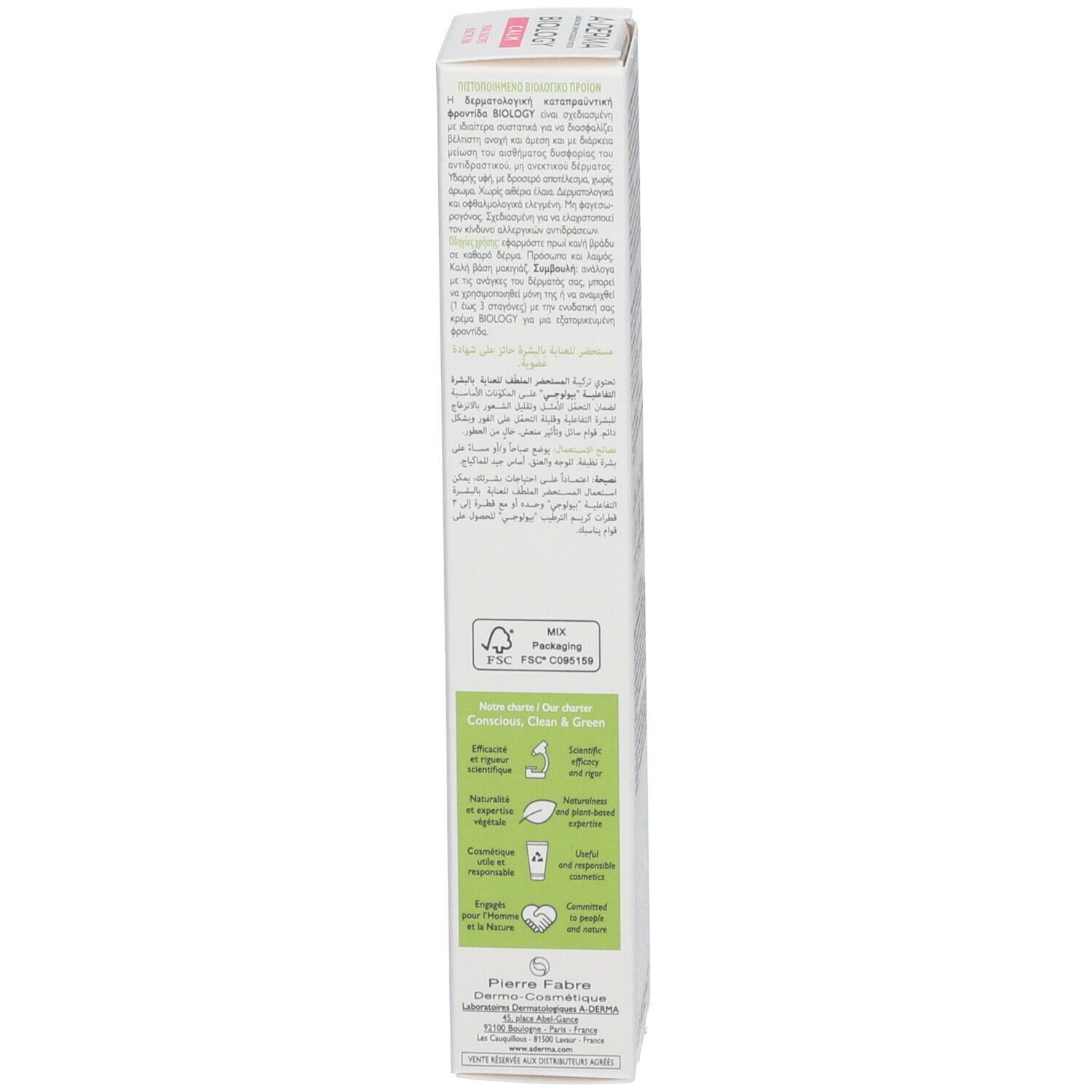 Zijkant van de A-DERMA BIOLOGY doos. Meertalige tekst. Logo's: FSC, Pierre Fabre, recyclingsymbool.