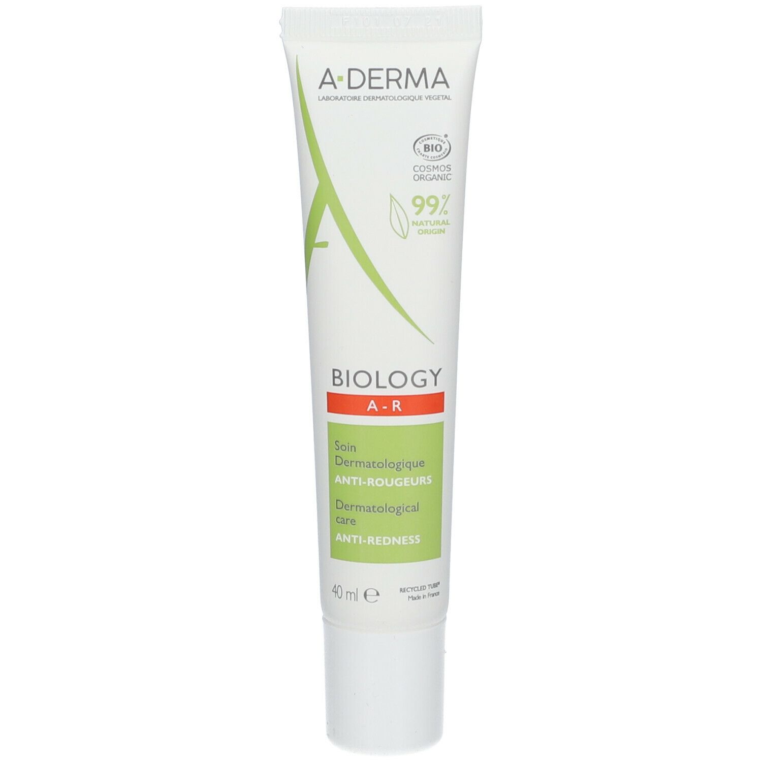 A-DERMA BIOLOGY AR tube. Wit, groen en rood. Bevat 40 ml. Opschrift: Dermatologische verzorging tegen roodheid.