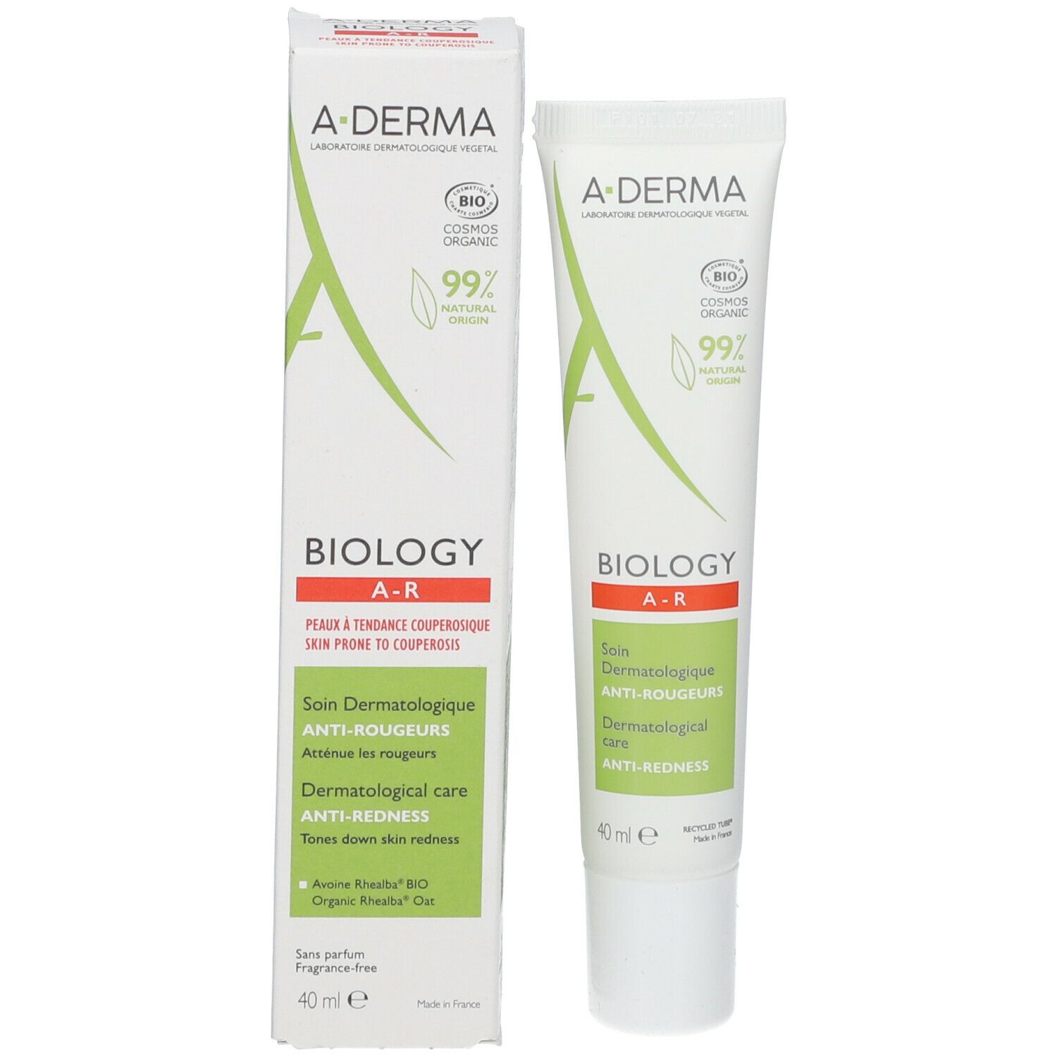 A-DERMA BIOLOGY AR tube en doos. Wit, groen en rood. Opschrift: Dermatologische verzorging tegen roodheid.
