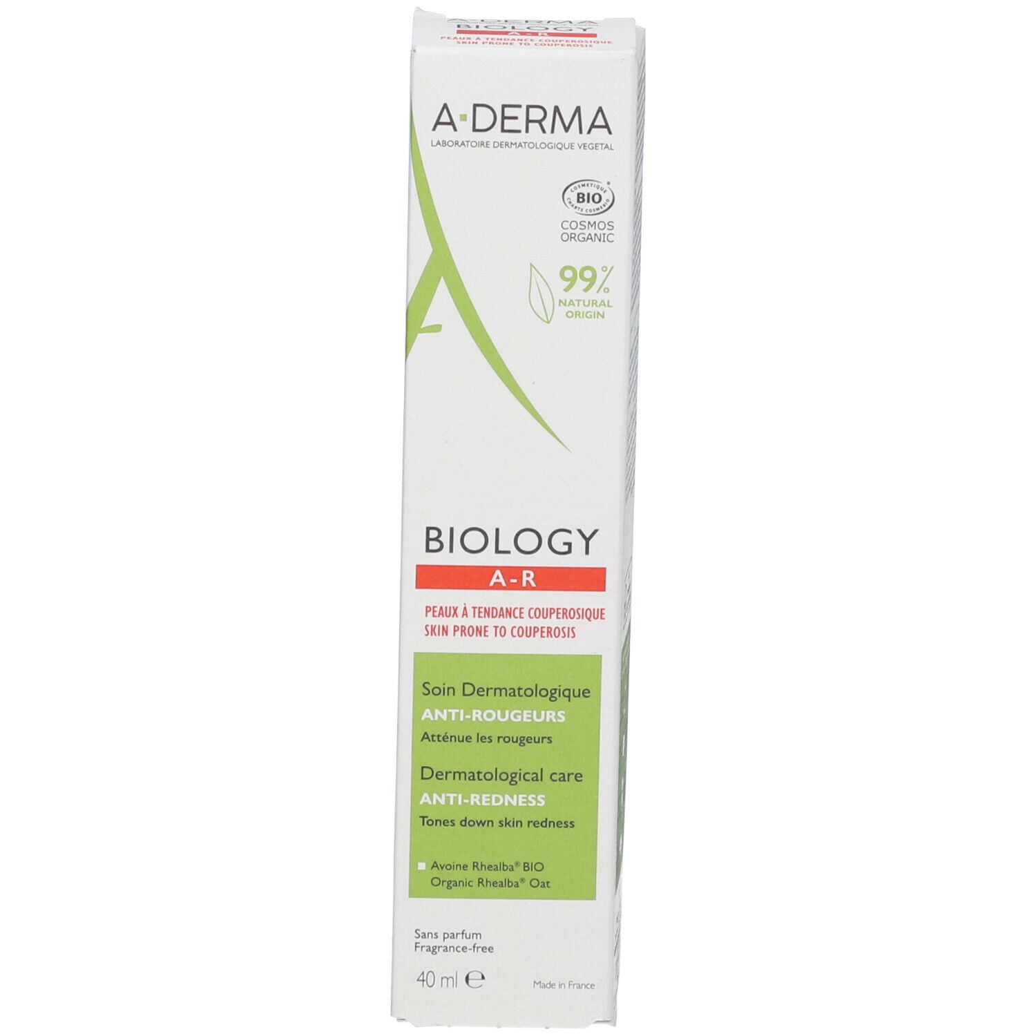 A-DERMA BIOLOGY AR doos. Wit, groen en rood. Opschrift: Dermatologische verzorging tegen roodheid.
