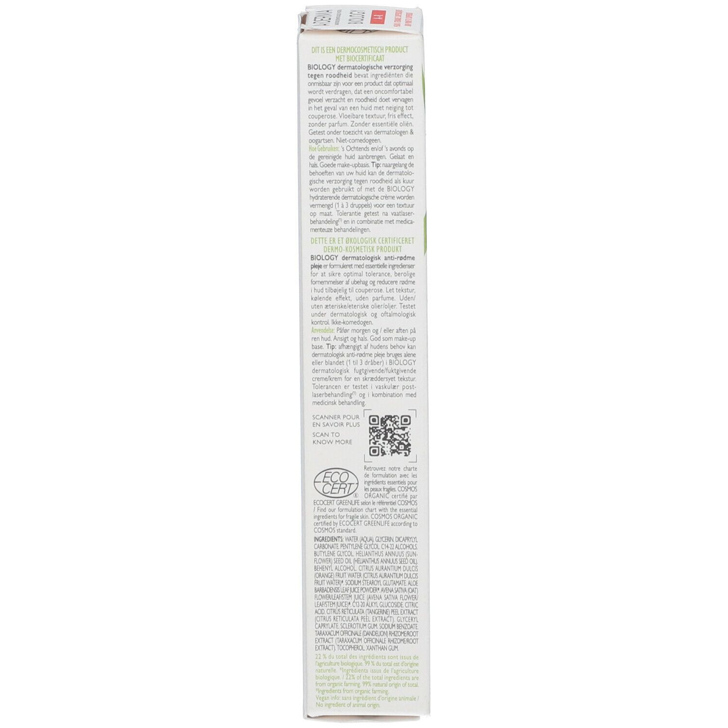 Zijkant van de A-DERMA BIOLOGY AR doos. Meertalige tekst. ECOCERT-certificering.