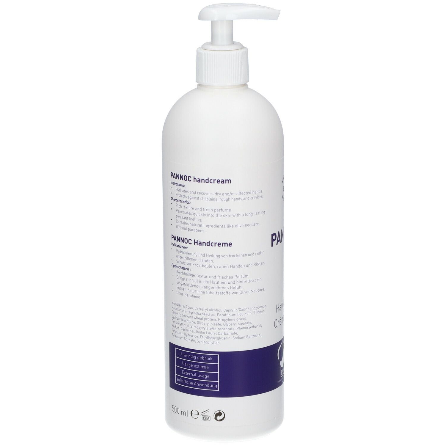 Flacon blanc avec pompe. Inscription: PANNOC Handcrème. Texte et logo en bleu. 500 ml.